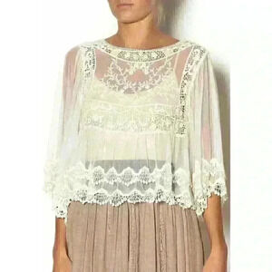 NEW NWT Double Zero Mesh Boho Top Romance Blouse, Size Small, Ivory